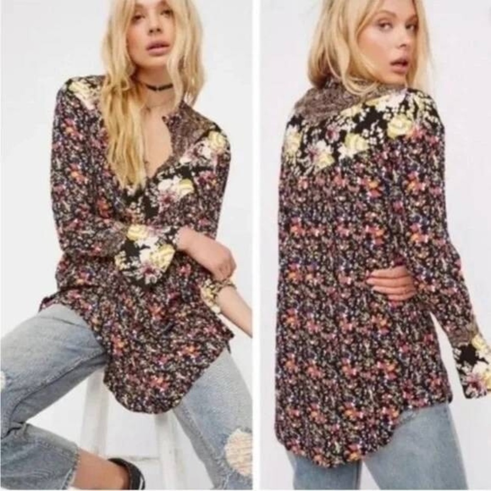 Free People Top Wildflower Fields Rayon Henley Tunic Oversized Boho Flowy Size S
